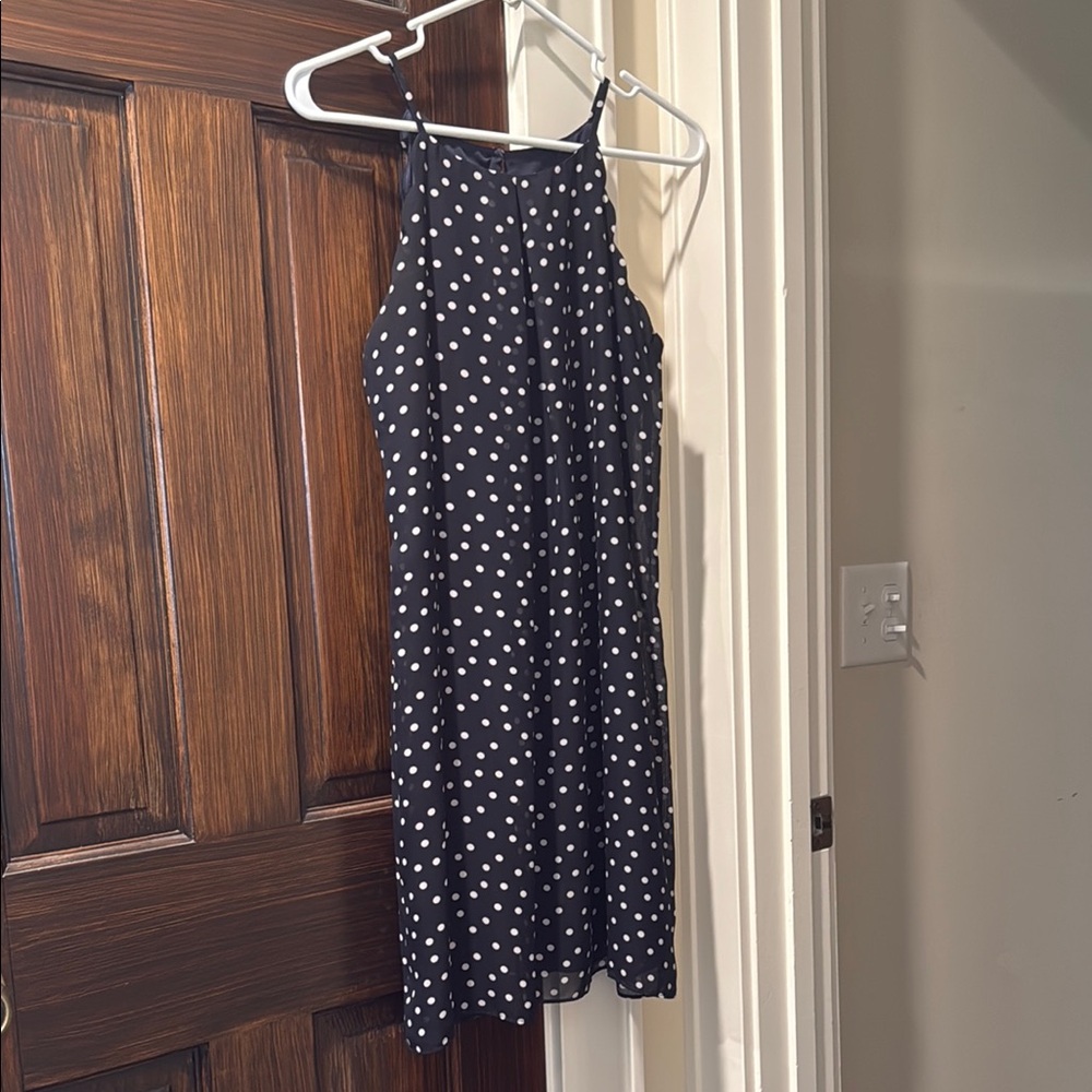 White and Blue Dress with High Neckline